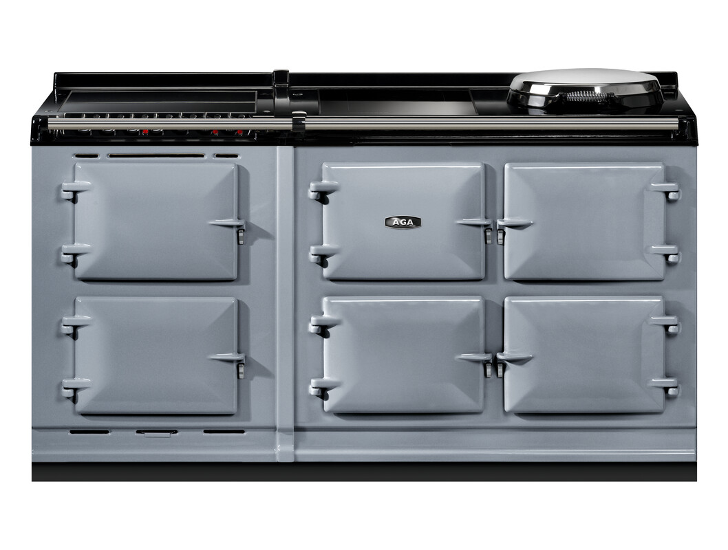 Grauer AGA Standherd mit vier Backofentüren und Kochplatte, ideal für traditionelles Kochen in der Küche