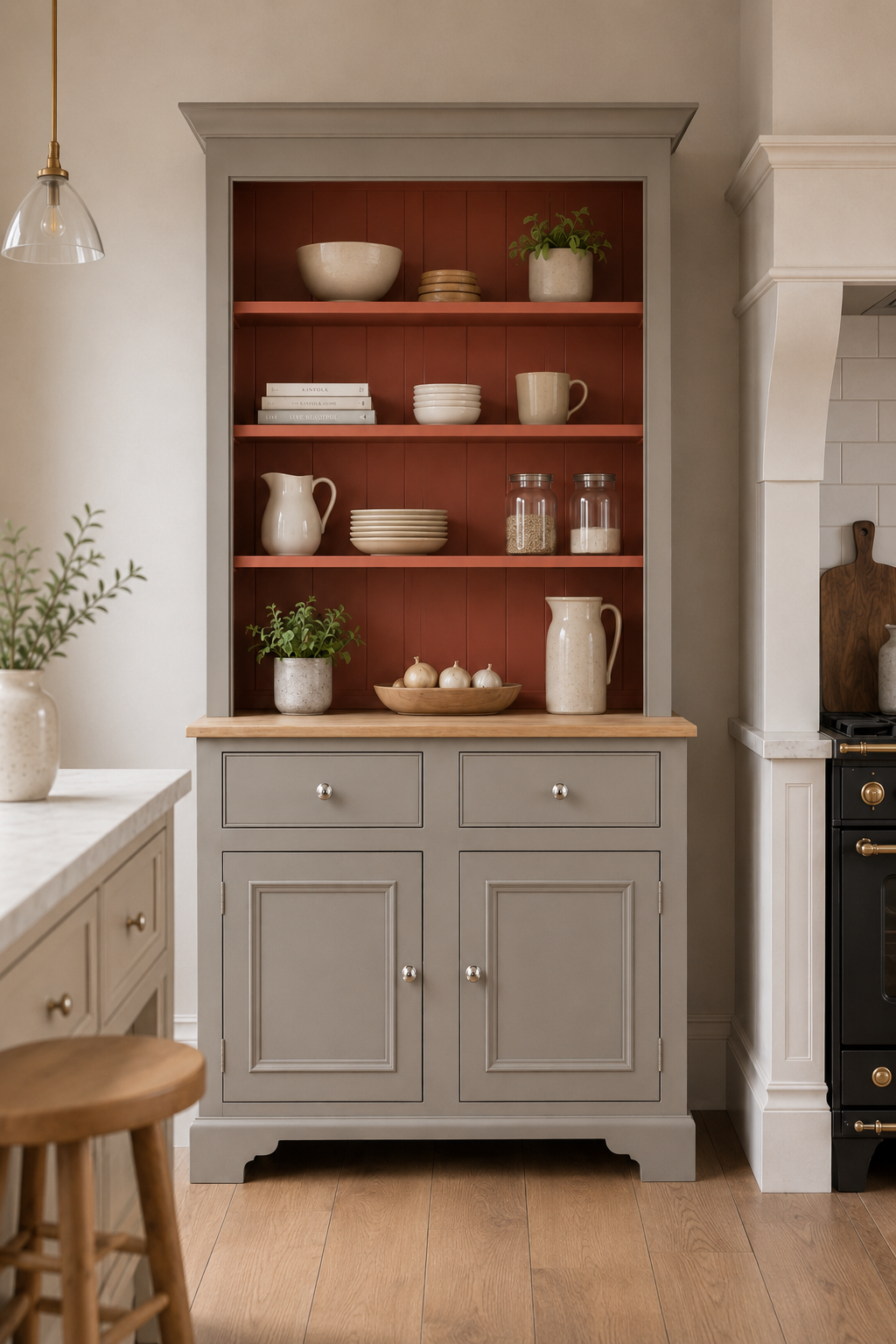 Grauer Buffetschrank im Landhausstil mit Eichenplatte und offenen Regalböden in Terrakotta für Geschirr und Vorräte – hochwertiger Küchenbuffet-Schrank für stilvollen Stauraum.
