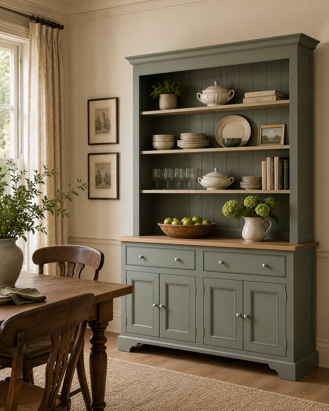 Grüne Neptune Chichester Open Dresser: offene, handlackierte Massivholz-Anrichte (5ft) im englischen Landhausstil; Oberteil mit Tellerrillen und Regalen zur Präsentation von Geschirr, Gläsern, Keramik und Büchern im Esszimmer