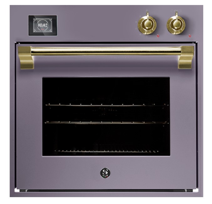 Lila Einbau-Backofen im Retro-Stil mit goldener Griffstange, zwei goldenen Drehknöpfen und digitaler Uhranzeige