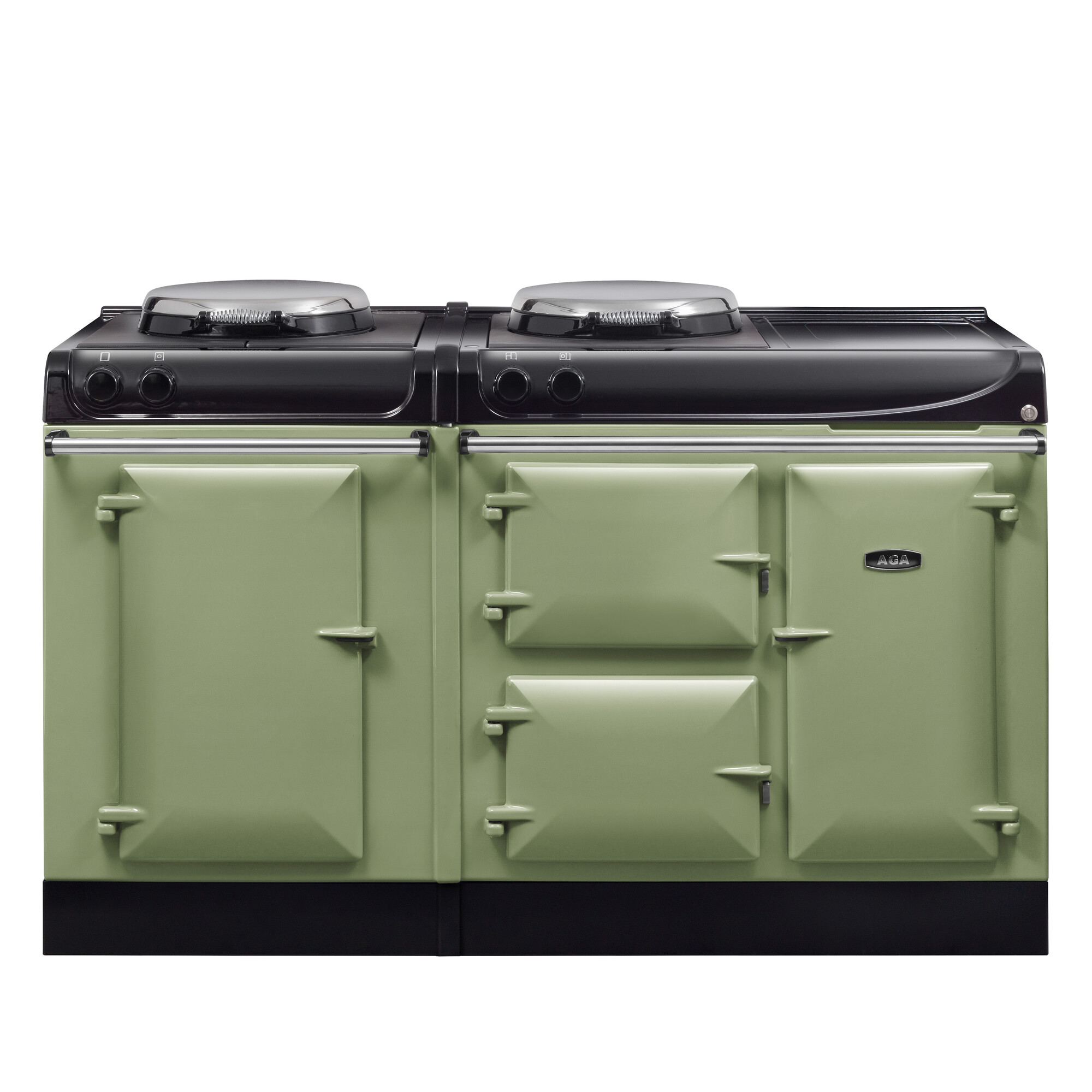 AGA Herd in Salbeigrün mit vier Backöfen und zwei Kochplatten – klassischer Standherd für die Küche Salbeigrüner AGA Standherd mit vier Backofentüren und zwei Kochplatten, klassisches Design für Küchen