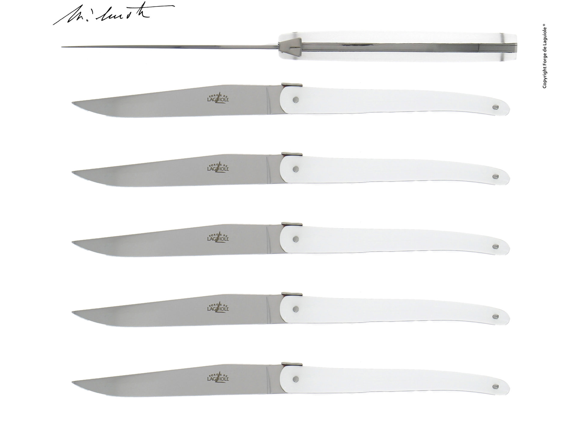 Set aus sechs Lack Laguiole Steakmessern mit weißen Griffen, hochwertiges französisches Besteck Sechs elegante Steakmesser von Laguiole mit weißen Griffen in einer Reihe angeordnet, Ansicht von der Seite und von oben