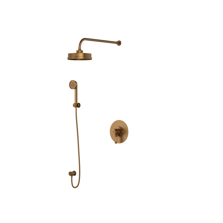 Wandmontiertes Duschsystem in Messing/Gold: runde Regendusche, schlanke Handbrause mit Schlauch, Unterputz-Armatur mit Einhebelmischer – elegantes Set für moderne Bäder