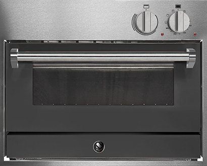 Einbau-Backofen aus Edelstahl mit Glastür und Drehreglern Moderner Einbau-Backofen aus Edelstahl mit großer Glastür und zwei Bedienknöpfen