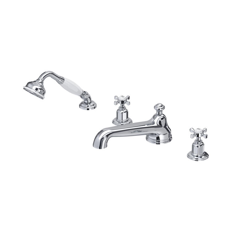 Perrin & Rowe Traditional 3738 4-Loch-Badewannenarmatur mit Kreuzgriffen und Handbrause in Chrom
