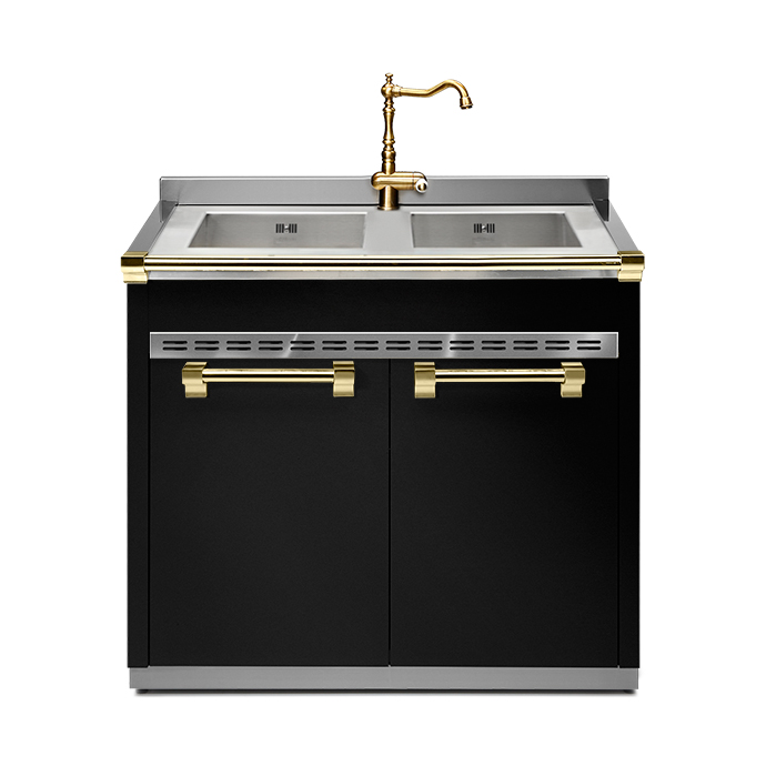 Doppelspüle mit goldenem Wasserhahn und Griffen auf schwarzem Unterschrank, moderne Küchenzeile