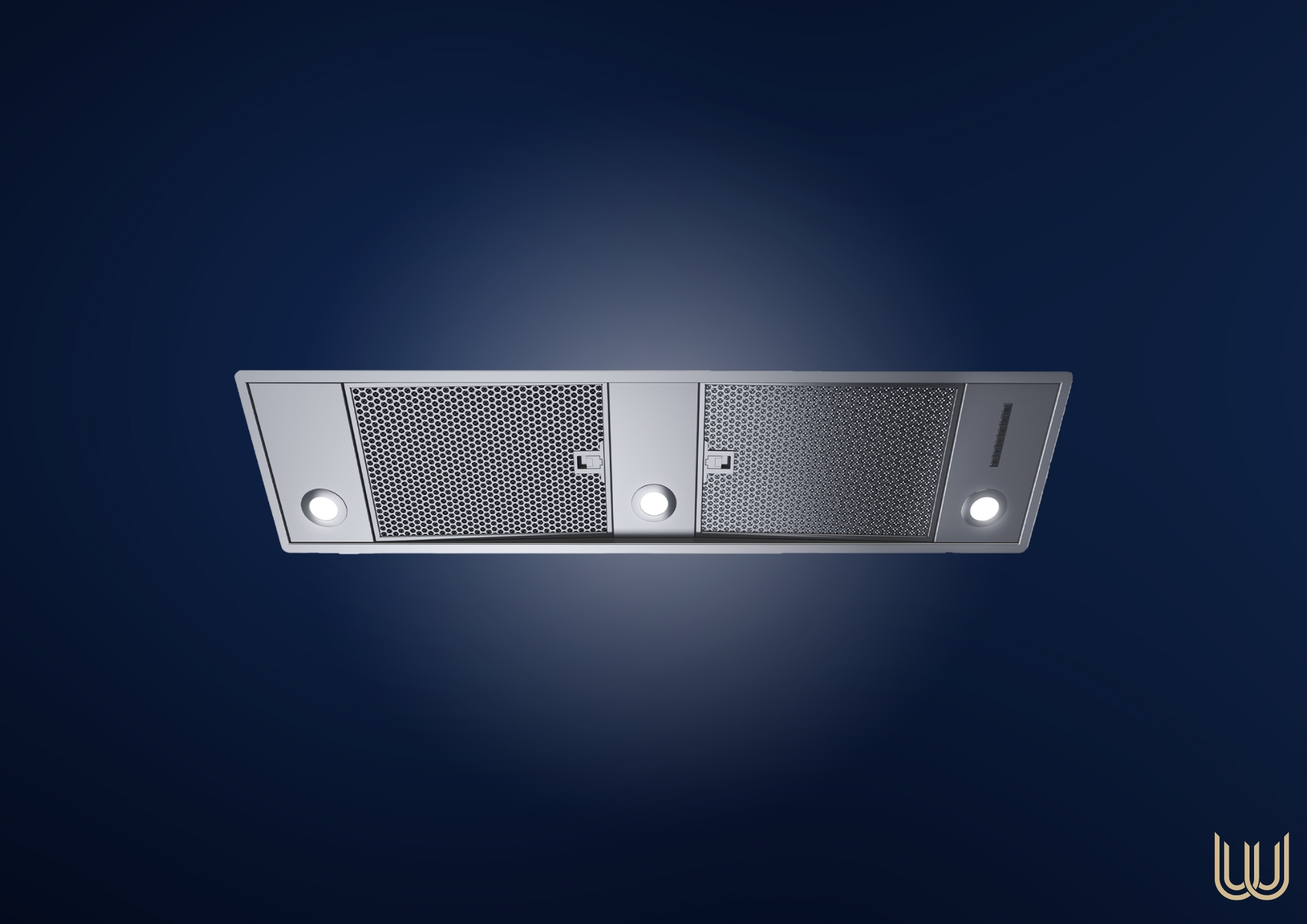 Moderne Einbau-Dunstabzugshaube mit LED-Beleuchtung und Edelstahl-Fettfiltern Abbildung einer modernen Einbau-Dunstabzugshaube aus Edelstahl mit zwei LED-Leuchten und Metall-Fettfiltern, von unten betrachtet