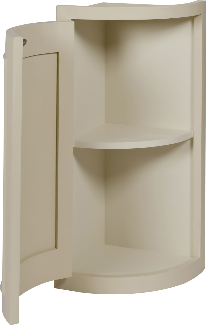 Cremfarbener Eckschrank mit offener Tür und Innenablage – platzsparendes Möbelstück für Ecken Eckschrank in Cremefarbe mit einer offenen Tür und einer Innenablage, ideal für die platzsparende Aufbewahrung in Ecken