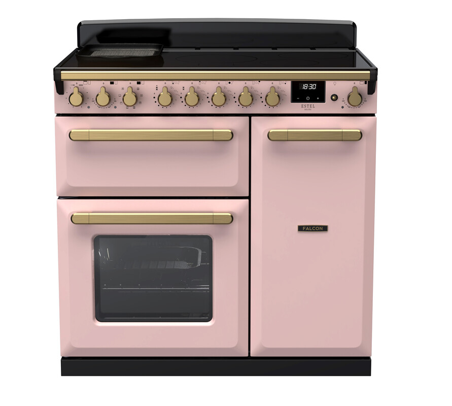 Rosa Herd mit zwei Ofentüren und goldenen Griffen, Retro-Stil