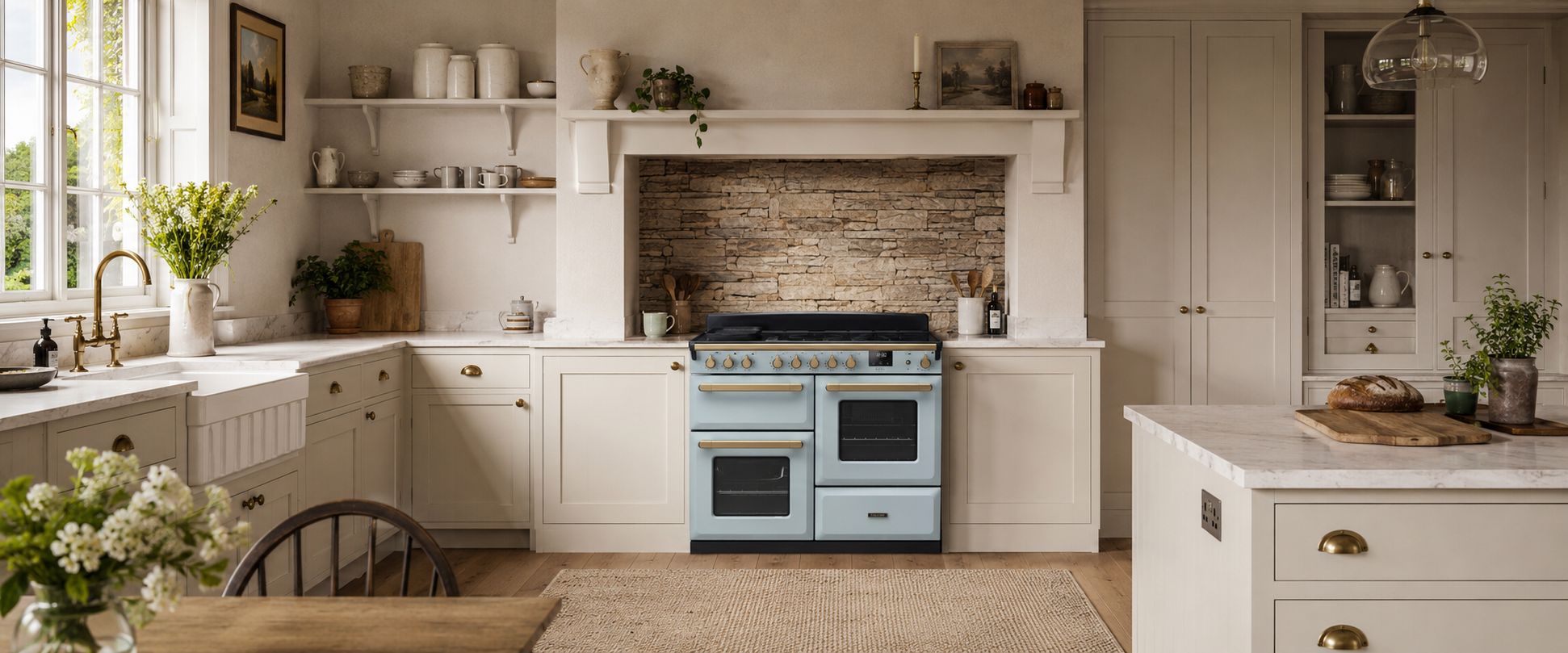 Elegante Landhausküche mit pastellblauem Range Cooker: Retro-Standherd mit 5 Gas-Kochzonen, Doppelofen und Messinggriffen, eingebaut zwischen cremefarbenen Schränken vor Steinrückwand