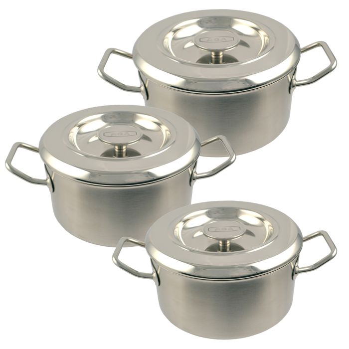 Edelstahl Kochtopf-Set, 3-teilig, mit Deckel für alle Herdarten geeignet Dreiteiliges Kochtopf-Set aus Edelstahl mit Deckeln und seitlichen Griffen, ideal für das Zubereiten verschiedener Speisen