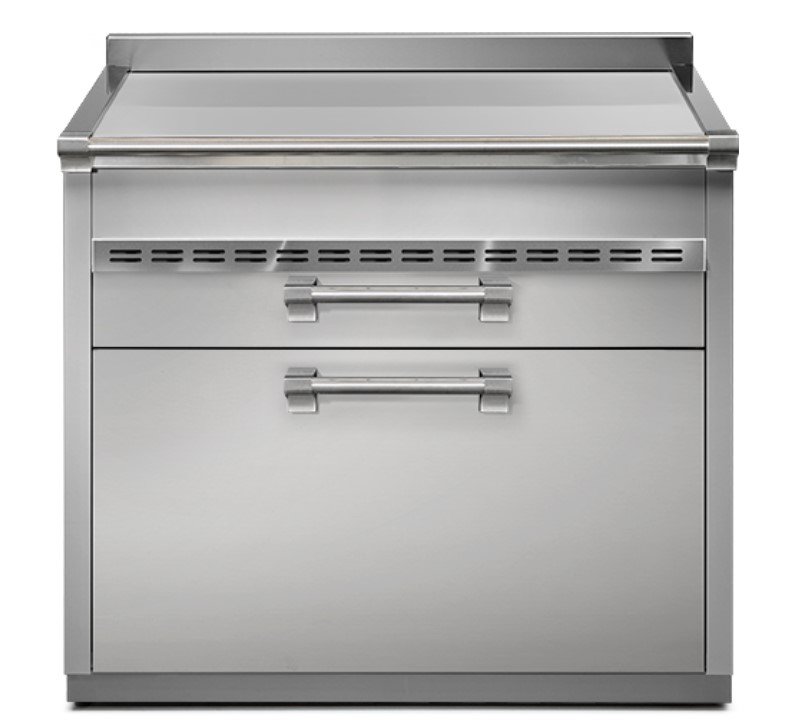 Edelstahl-Gastronomie-Grill mit Glattfläche und zwei Schubladen für professionelle Küchen Frontansicht eines Edelstahl-Gastronomie-Grills mit glatter Grillfläche und zwei großen Schubladen darunter