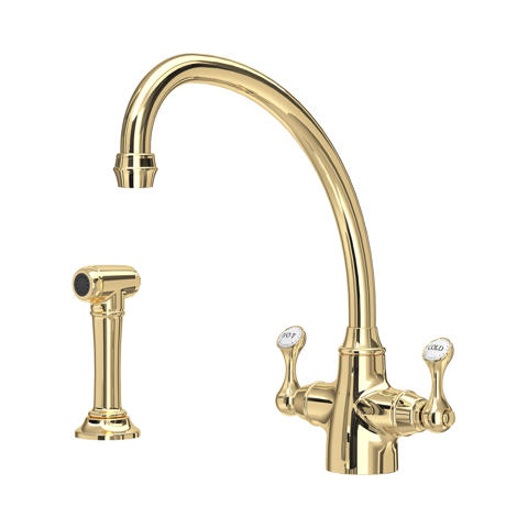 Goldene Küchenarmatur aus poliertem Messing mit hohem Schwanenhals, 2-Griff-Mischer (Hot/Cold) und seitlicher Spülbrause
