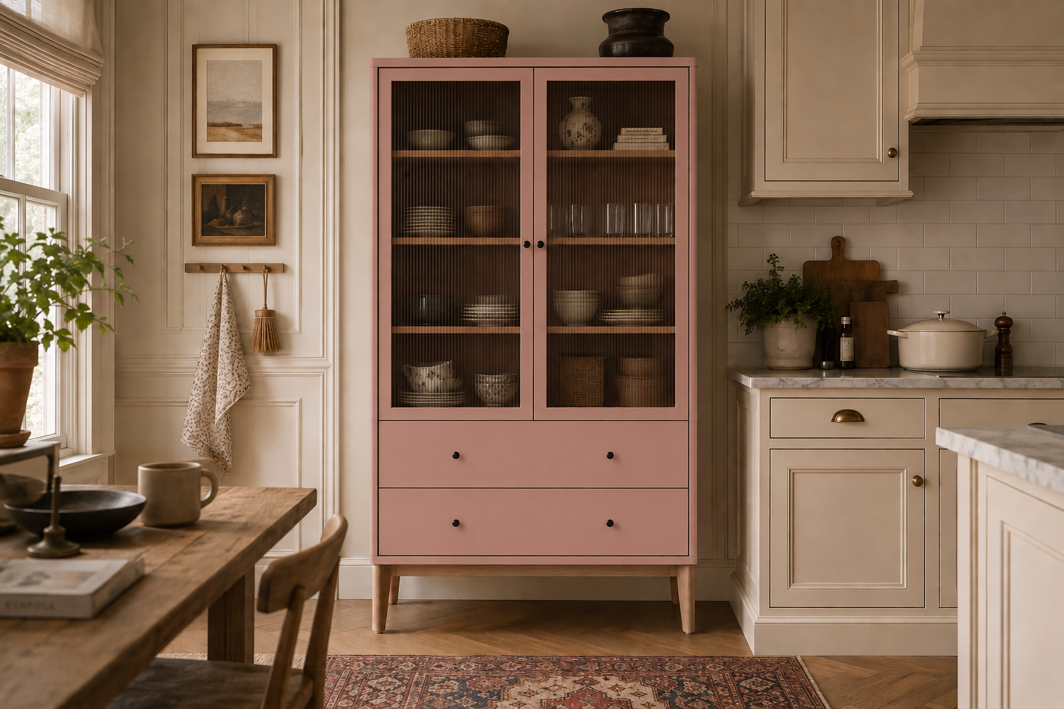 Rosa Vitrinenschrank aus Holz mit gerillten Glastüren, Holzfächern und zwei großen Schubladen; ideal als Geschirrschrank in der Küche zur stilvollen Aufbewahrung von Tellern, Schalen und Gläsern im modernen Landhausstil