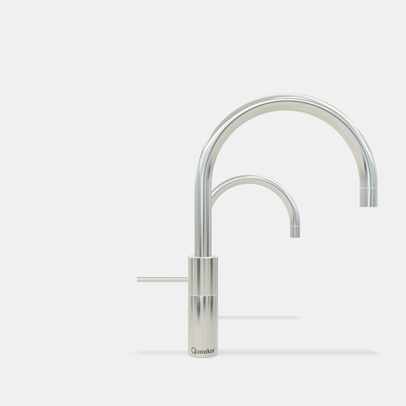 Quooker Edelstahl Wasserhahn mit zwei Ausläufen – Moderne Küchenarmatur Moderner Quooker Wasserhahn aus Edelstahl mit zwei gebogenen Ausläufen für die Küche