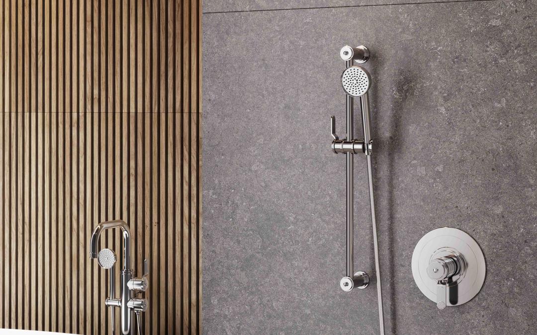 Perrin & Rowe Deco 3120/1 freistehende Wannen-Brausebatterie mit Handbrause und Hebelgriffen in Chrom; elegantes, klassisch-geom. Design der Deco Kollektion für hochwertige freistehende Badewannen