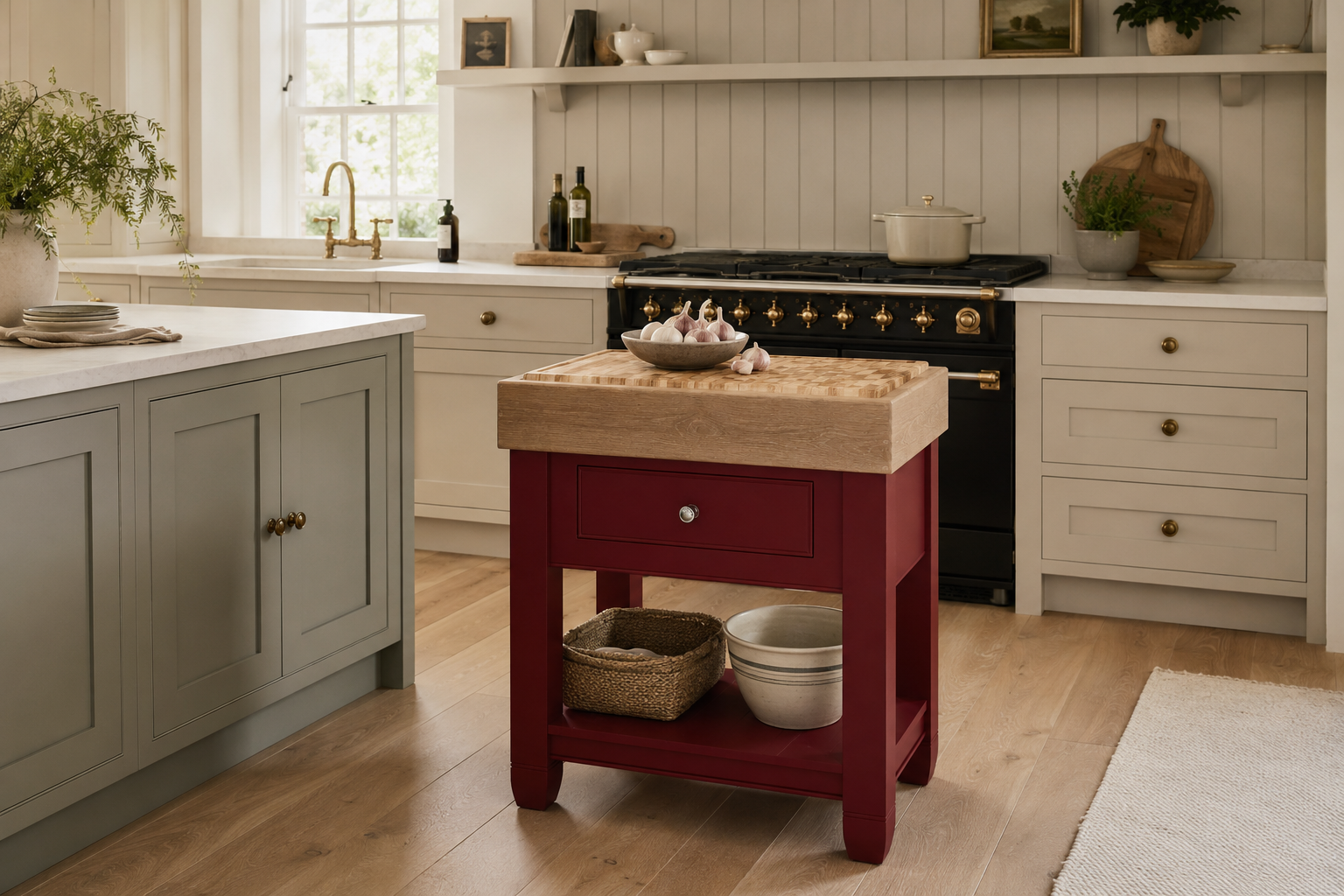 Chichester Butcher Block von Neptune in Landhausküche: kompakter, freistehender Küchenblock mit massiver Arbeitsfläche aus Eichen-Hirnholz, Saftrille, Soft-Close-Schublade und Ablageboden; ideal als zusätzliche Vorbereitungsfläche.