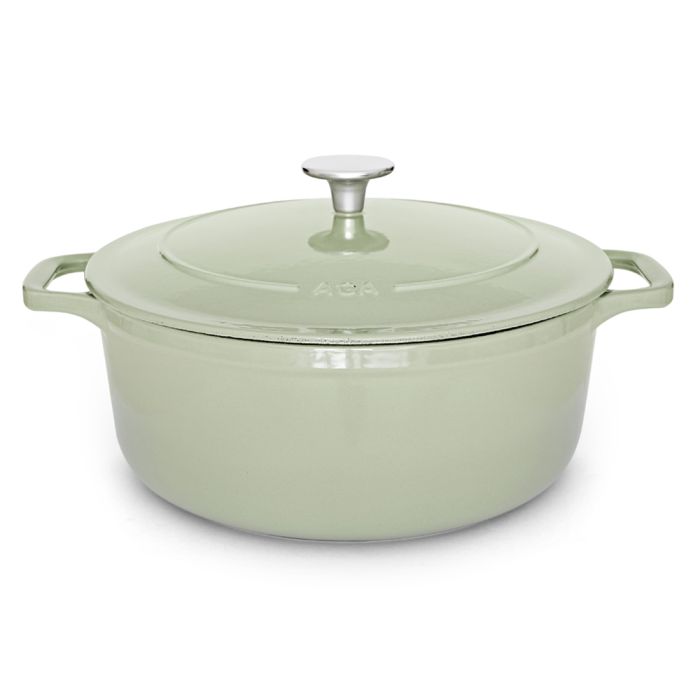 Großer runder Bräter aus Gusseisen mit Deckel in Pastellgrün – Ideal zum Schmoren und Kochen Runder Gusseisen-Bräter mit Deckel in Pastellgrün, geeignet für vielfältige Koch- und Schmorgerichte
