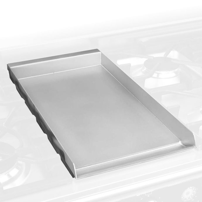 Grillplatte aus Edelstahl für Gasherd – Antihaft, pflegeleicht und ideal zum Braten von Fleisch, Fisch und Gemüse Rechteckige Edelstahl-Grillplatte auf einem Gasherd, geeignet zum Braten und Grillen in der Küche