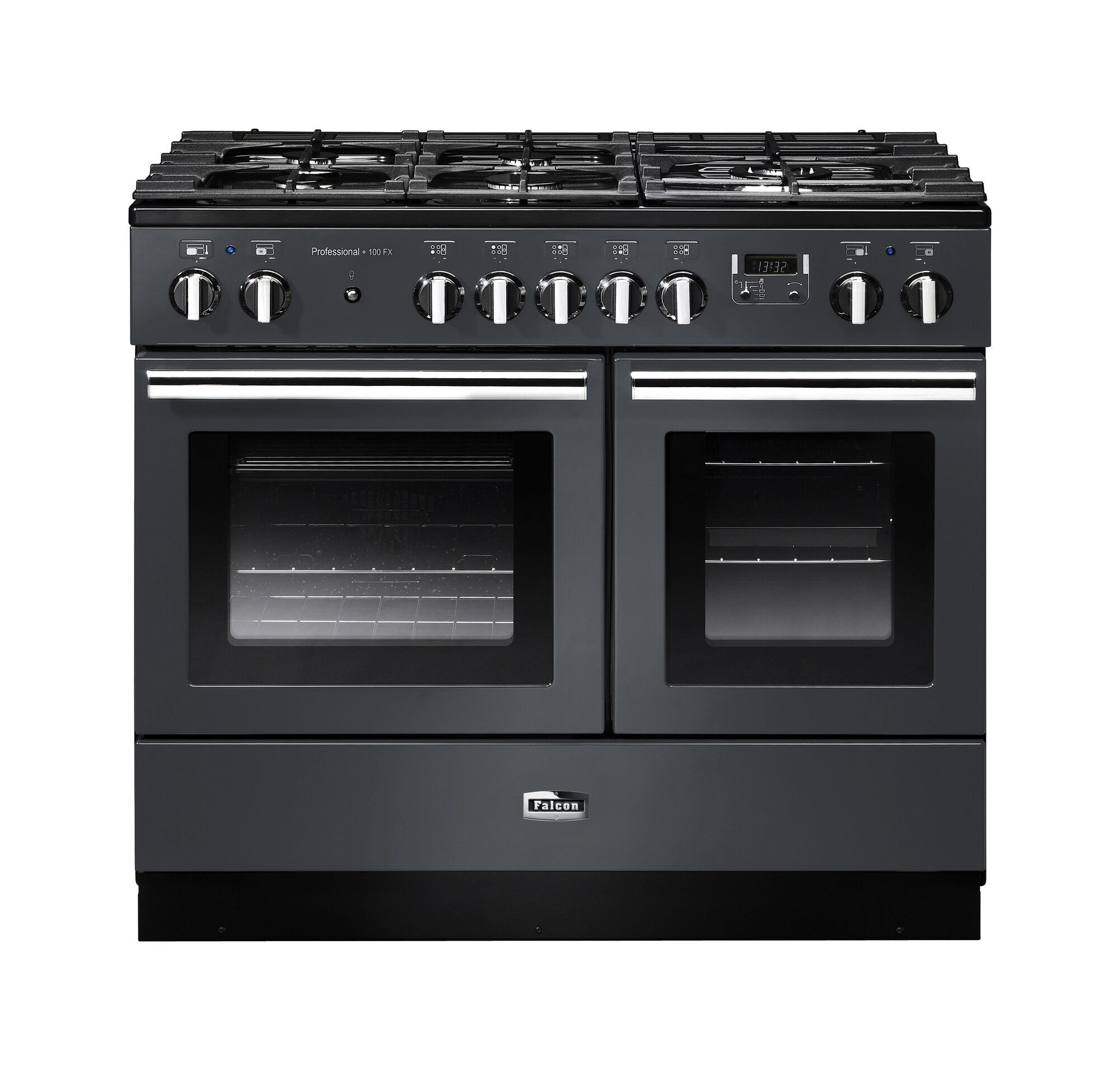 Falcon Professional 100 FX Gasherd mit zwei Backöfen und sechs Kochfeldern in Schwarz Schwarzer Falcon Professional 100 FX Standherd mit zwei großen Backöfen und sechs Gas-Kochfeldern, Edelstahl-Bedienelemente sichtbar