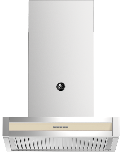 Edelstahl-Dunstabzugshaube zur Wandmontage, Kaminhaube mit cremefarbener Frontblende und robustem Lamellen-Fettfilter; modernes Retro-Design für die Küche