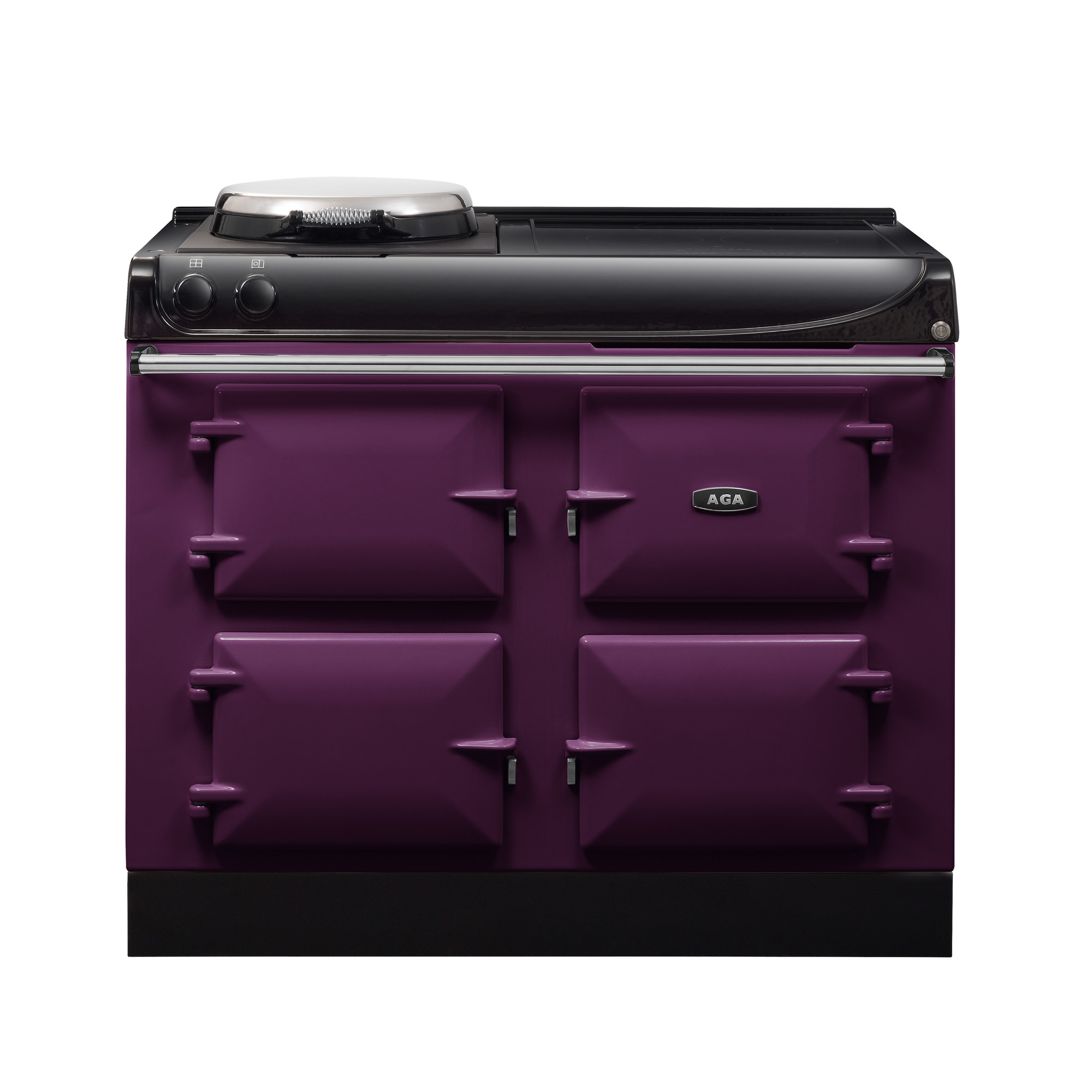 AGA Herd in Lila mit vier Backofentüren und Kochfeld – klassisches Design für stilvolle Küchen Lila AGA Herd mit vier Backofentüren und Kochfeld, freigestellt auf weißem Hintergrund