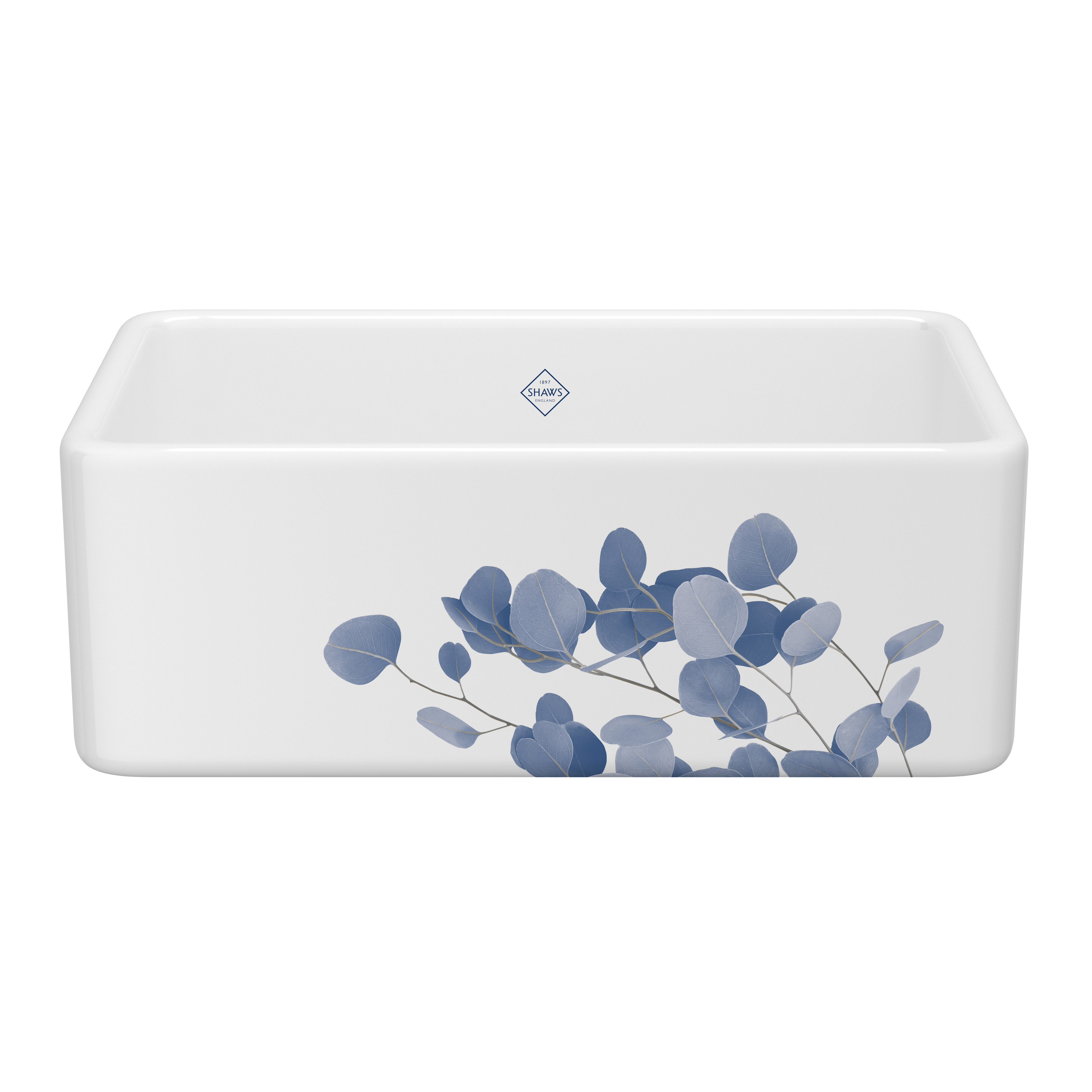 Elegante Keramikspüle mit blauem Blattmuster von Shaws Weiße Keramikspüle mit blauem Blattdesign von Shaws, quadratisch mit markantem Muster
