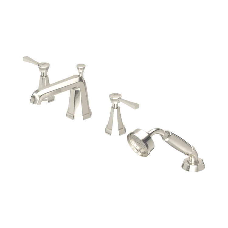 Hochwertige 4-Loch Badewannenarmatur in Edelstahloptik mit zwei Hebeln, Auslauf und separater Handbrause; klassisches Design, robuste Metallausführung, ideal zum Nachrüsten von Badewannen