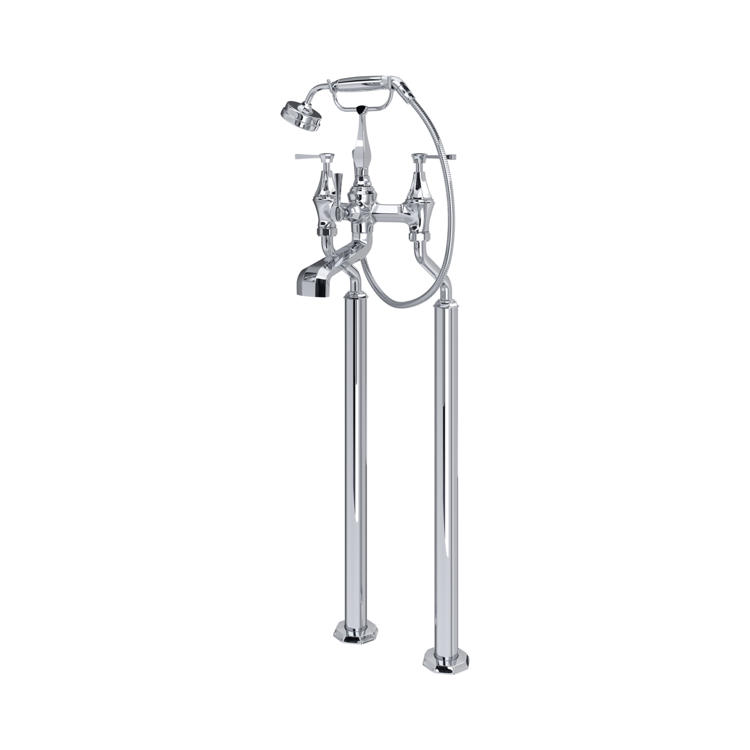 Chrom Wannen-Standarmatur für freistehende Badewanne, mit Handbrause und Zweigriffmischer im Retro-Stil; Bodenmontage, hochwertig verchromt