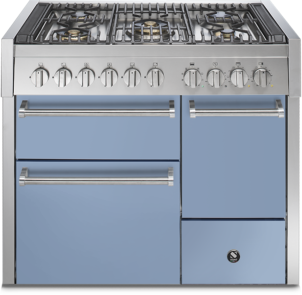 Großer Edelstahl-Gasherd mit sechs Kochfeldern und blauen Fronten, ideal für moderne Küchen Gasherd mit sechs Kochfeldern, Edelstahl-Bedienleiste und blauen Türen, geeignet für den Küchengebrauch