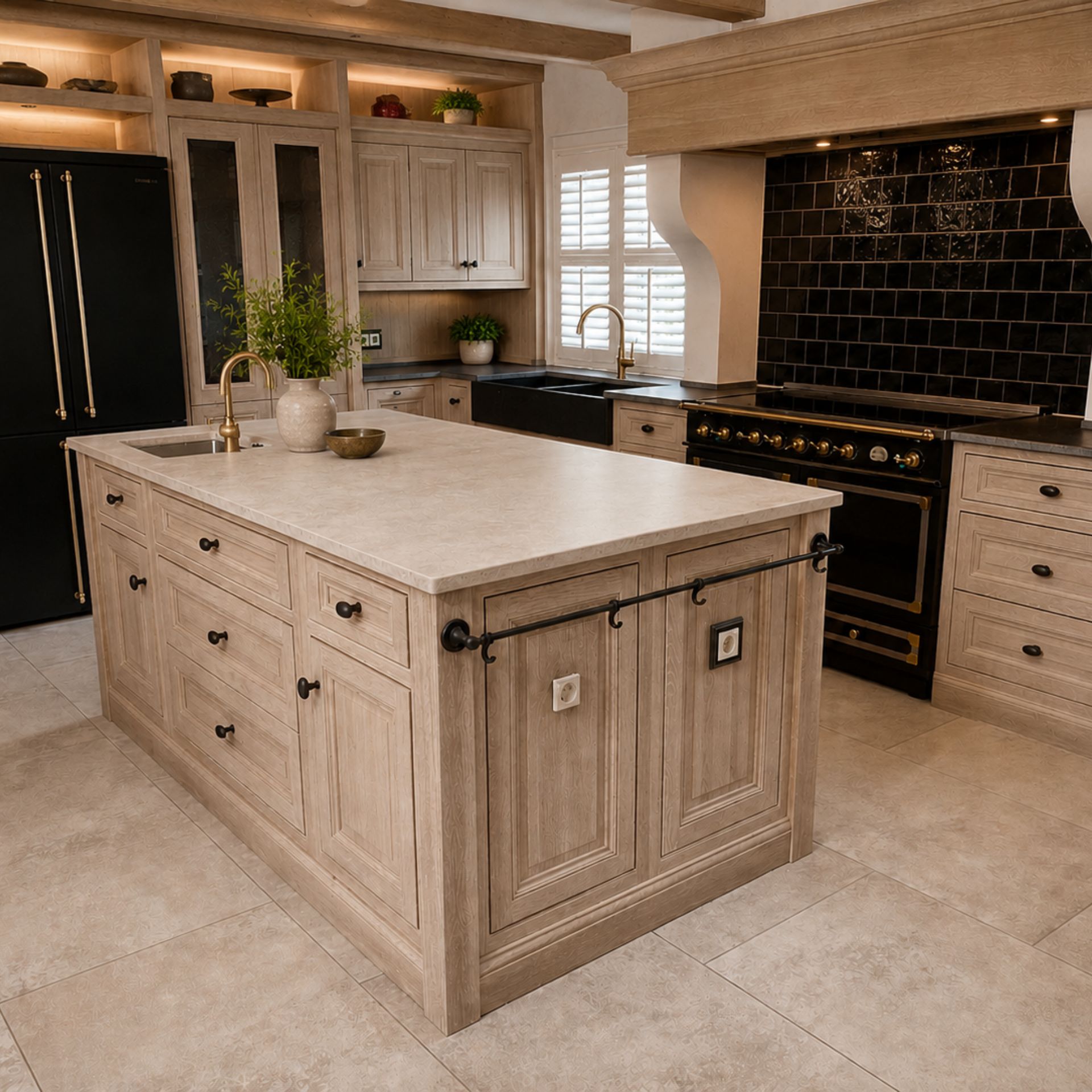 Helle Landhausküche mit Kücheninsel aus Eiche und steinfarbener Arbeitsplatte, schwarzem Range Cooker, Farmhouse-Spüle und Messingarmatur