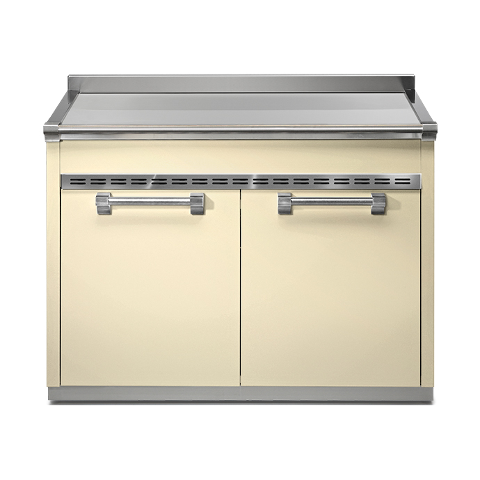 Küchenunterschrank in Creme mit Edelstahlarbeitsfläche, zwei Türen Moderner Küchenunterschrank in cremefarben mit zwei großen Türen und robuster Arbeitsfläche aus Edelstahl, ideal für Aufbewahrung und Arbeitsfläche in der Küche