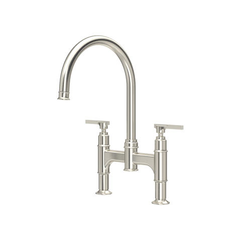 Küchenarmatur im Bridge-Design mit zwei Hebeln, hoher Schwanenhals-Auslauf, Oberfläche gebürstetes Nickel