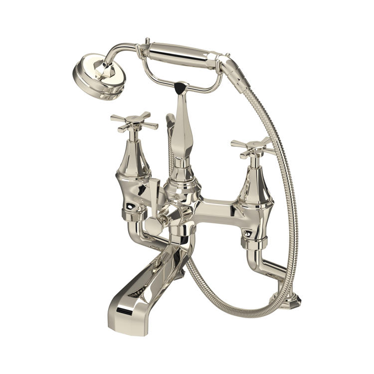 Klassische Badewannenarmatur im Vintage-Design aus poliertem Nickel mit Kreuzgriffen und Telefon-Handbrause; Zweigriff-Wannenmischer für die Wannenrandmontage