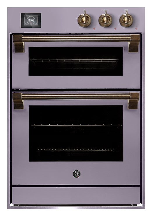 Lilaner Retro-Backofen mit zwei Backkammern, goldenen Bedienknöpfen und Griffen