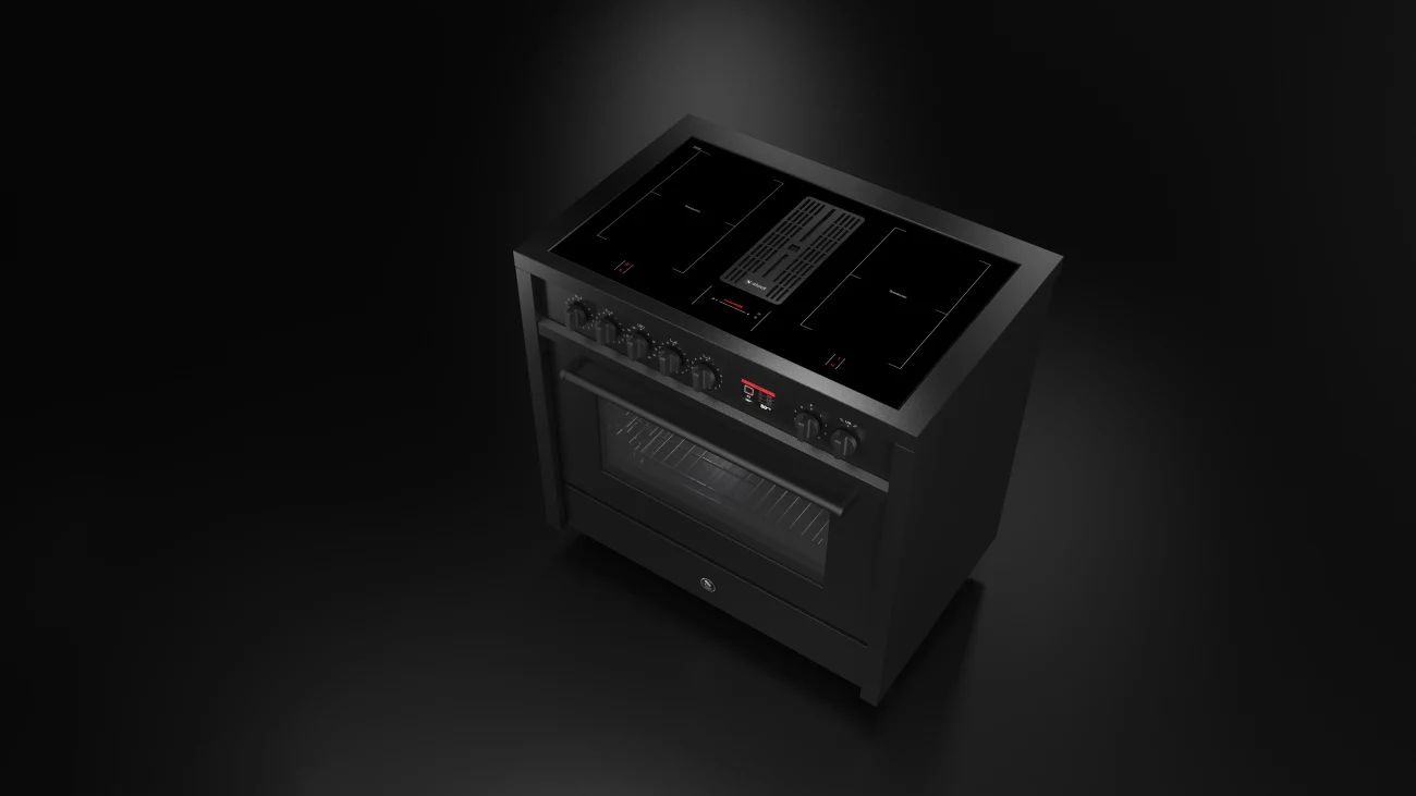 Freistehender Herd mit Induktionskochfeld und integriertem Dunstabzug, modernes Design in Schwarz Moderner freistehender Herd mit Induktionskochfeld und Dunstabzug in elegantem schwarzen Design