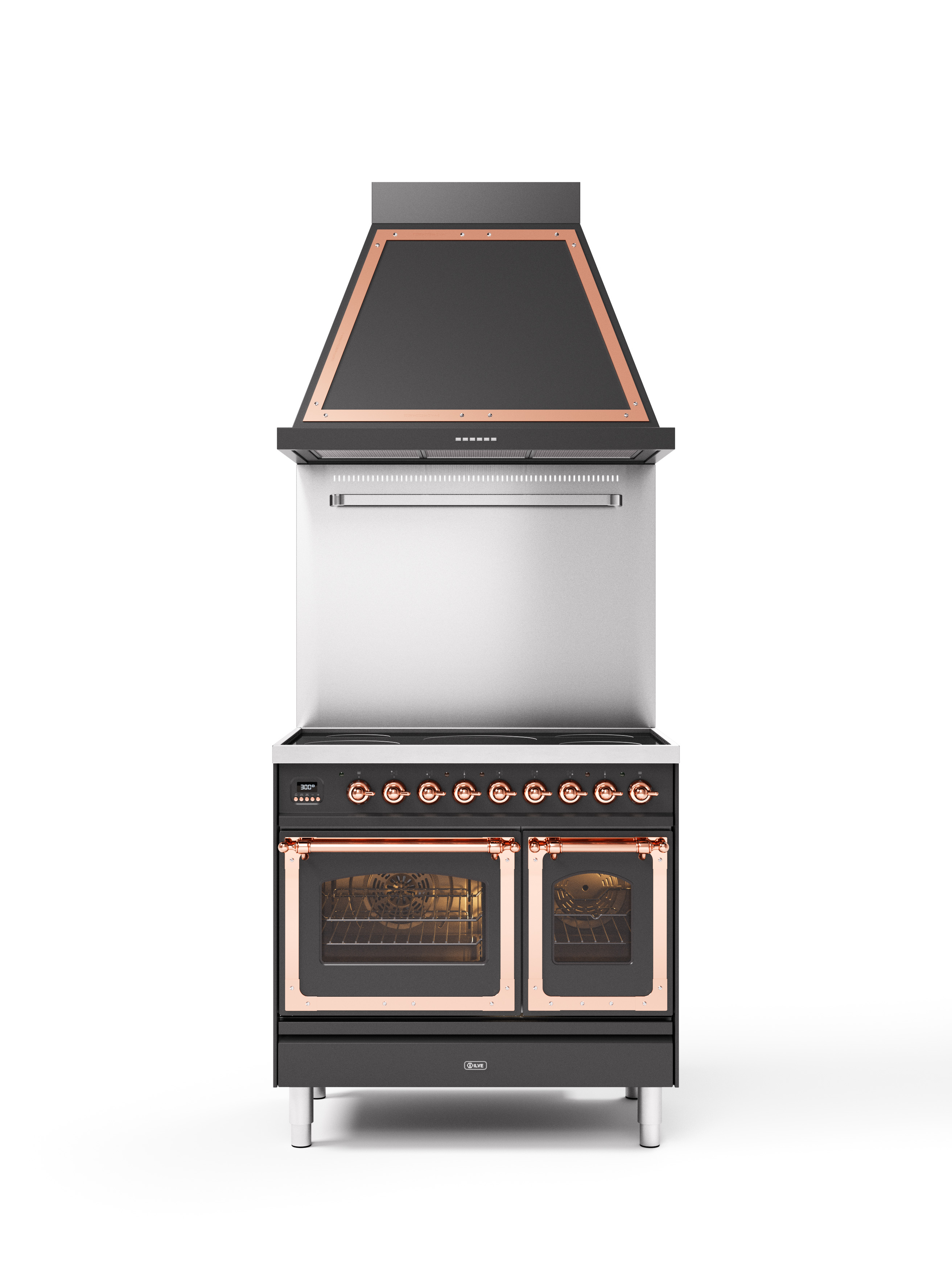 Professioneller Standherd mit Doppeltür und Dunstabzugshaube in Schwarz und Kupfer - Luxuriöser Küchenherd Hochwertiger Standherd mit zwei Backofentüren, edlen Kupferelementen, mehreren Bedienknöpfen und passender Dunstabzugshaube