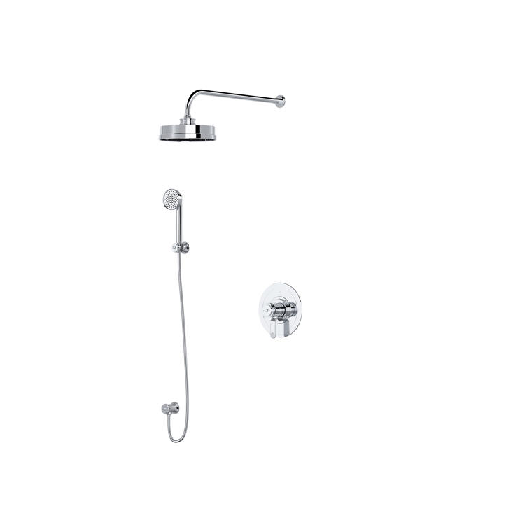 Komplettes Duschsystem in Chrom: runde Regendusche mit Wandarm, Handbrause mit Brauseschlauch und Halterung sowie Unterputz-Mischer/Umsteller – elegantes Set für die Dusche