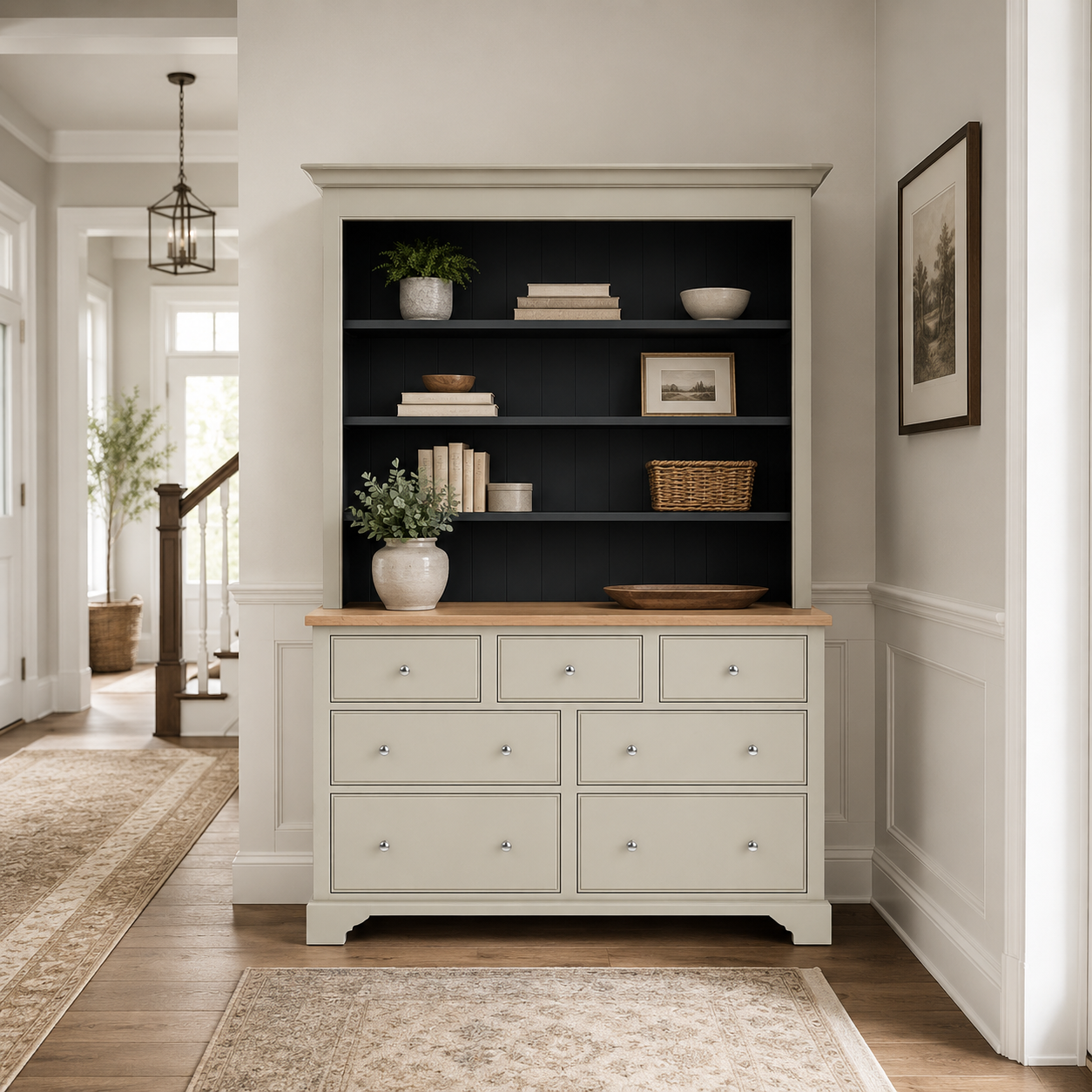 Sideboard mit Regalaufsatz in Creme mit schwarzer Rückwand und Eicheplatte; 8 Schubladen, offene Regale für Deko und Bücher – elegantes Landhaus-Buffet für Flur, Wohn- oder Esszimmer mit viel Stauraum