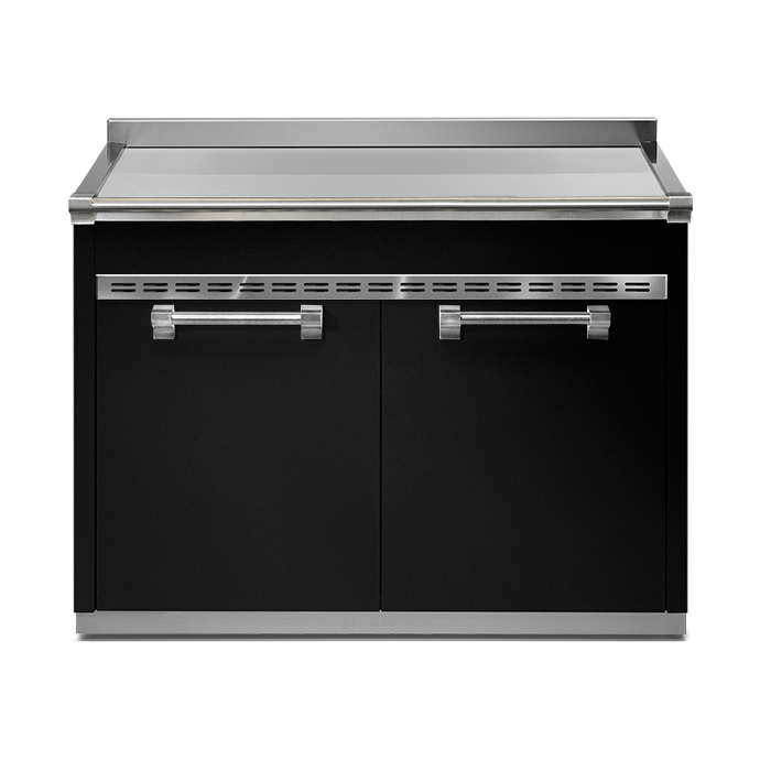 Moderner, schwarzer Outdoorschrank mit zwei Türen und Edelstahl-Arbeitsplatte, ideal für Gartenküchen