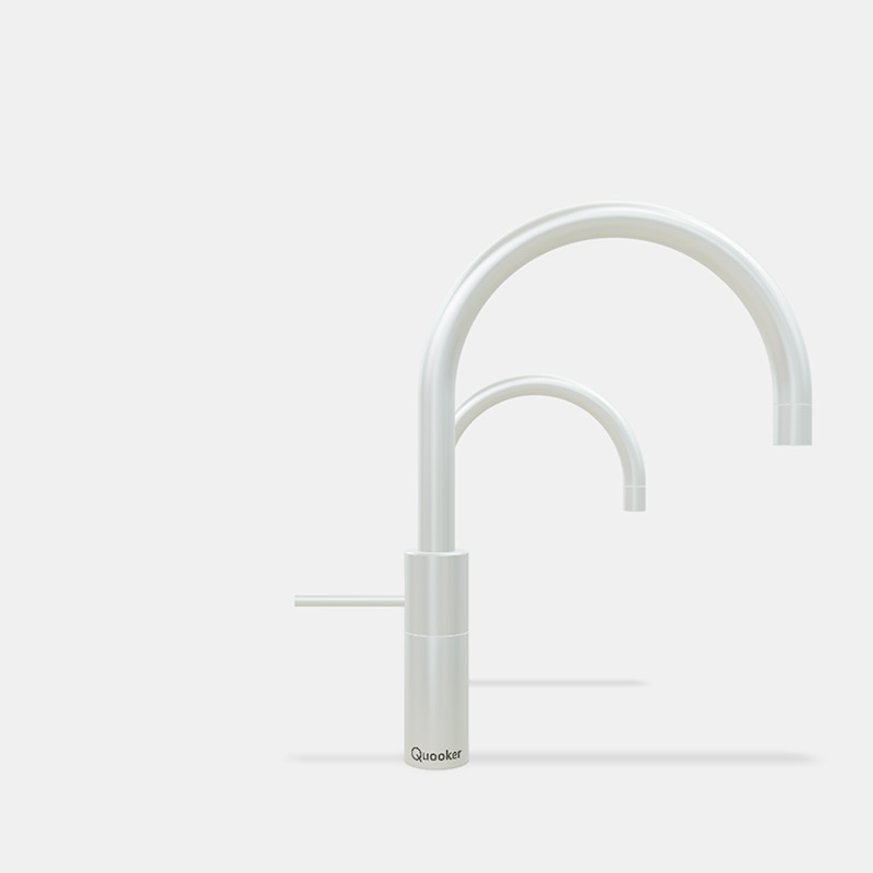 Quooker Wasserhahn in Weiß – moderner Küchenarmatur-Design für sofort kochendes Wasser Abbildung eines weißen Quooker Wasserhahns mit modernem, rundem Auslauf, geeignet für Küchen und sofortiges kochendes Wasser