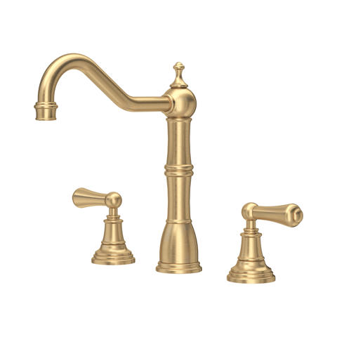 Dreiloch-Waschtischarmatur in gebürstetem Gold aus Messing mit zwei Hebelgriffen und hohem gebogenem Auslauf im Retro-Design für Badezimmerwaschbecken