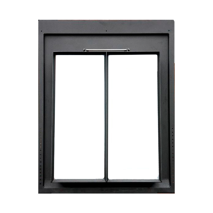 Modernes schwarzes Stahlfenster mit zwei Flügeln – Designfenster für Innen- und Außenbereich Schwarzes rechteckiges Stahlfenster mit zwei vertikalen Flügeln, geeignet für modernes Design im Haus oder Büro