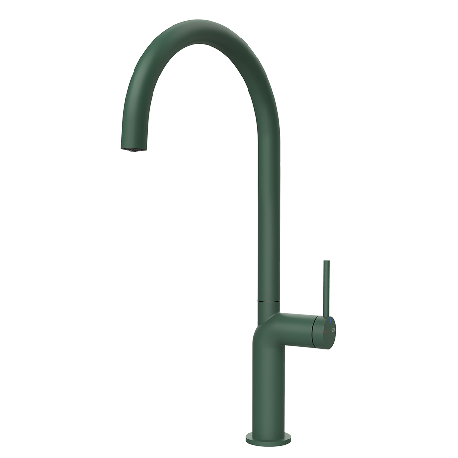Matte grüne Küchenarmatur mit hohem Auslauf und Hebel