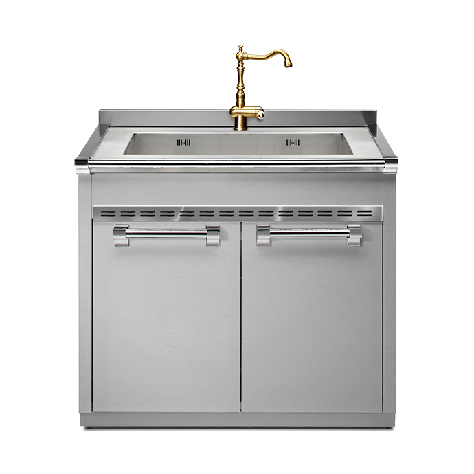 Frontansicht eines modernen Edelstahl-Spülbeckens mit Unterschrank und goldener Wasserhahn-Armatur