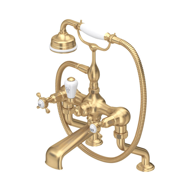 Perrin & Rowe Traditional 3501 Badewannenarmatur mit Handbrause und Kreuzgriffen in Messing satiniert