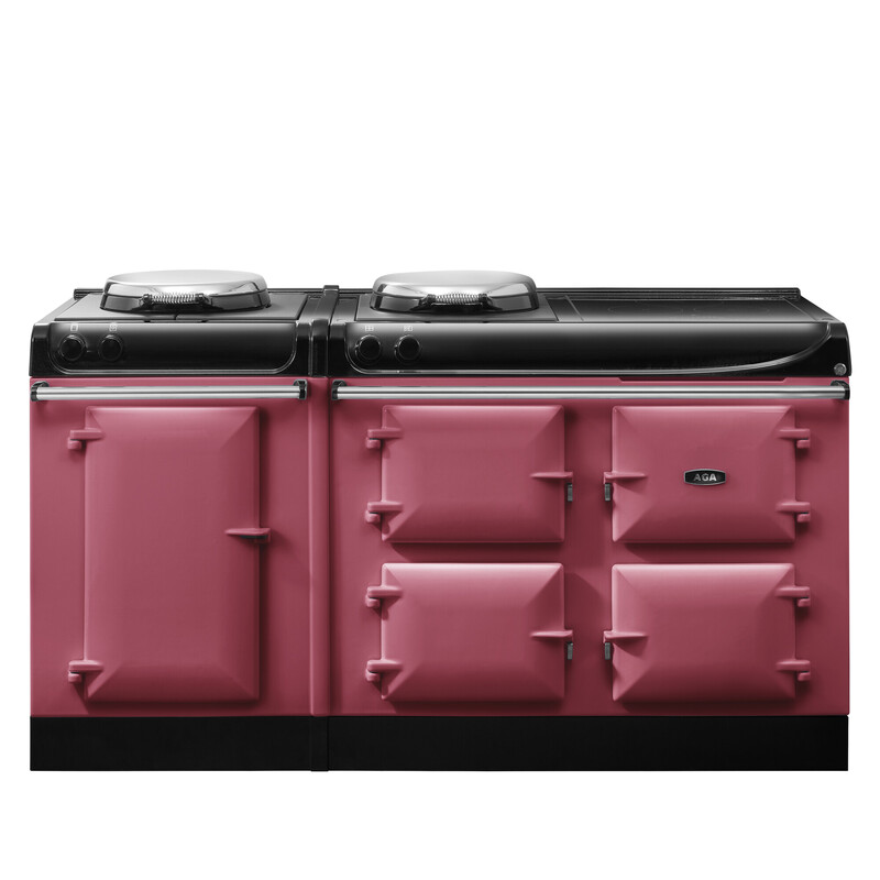 AGA Herd in Pink mit mehreren Backöfen und Kochplatten – Stilvolles Küchengerät für modernes Kochen Pinkfarbener AGA Herd mit vier Backofentüren und zwei Kochplatten, freistehend auf weißem Hintergrund