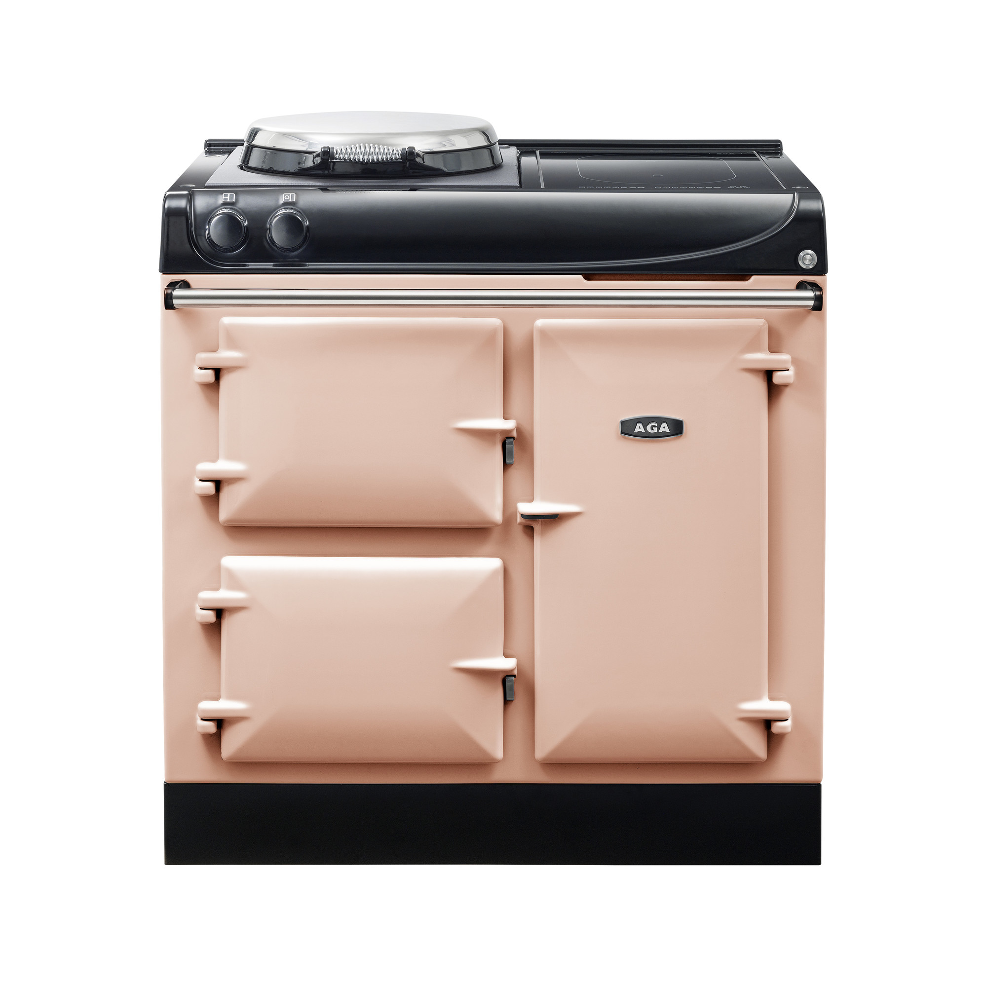 AGA Herd cremefarben mit drei Ofentüren und Kochplatten – klassischer Retro-Ofen für stilvolle Küchen Klassischer cremefarbener AGA Herd mit drei Ofentüren und zwei Kochplatten, ideal für traditionelle und moderne Küchen