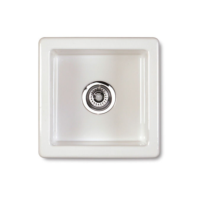 Quadratische Spülbecken aus Keramik mit Abfluss in der Mitte – Ideal für Küche oder Hauswirtschaftsraum Weiße, quadratische Keramikspüle mit zentralem Edelstahl-Abfluss, geeignet für Küche oder Hauswirtschaftsraum