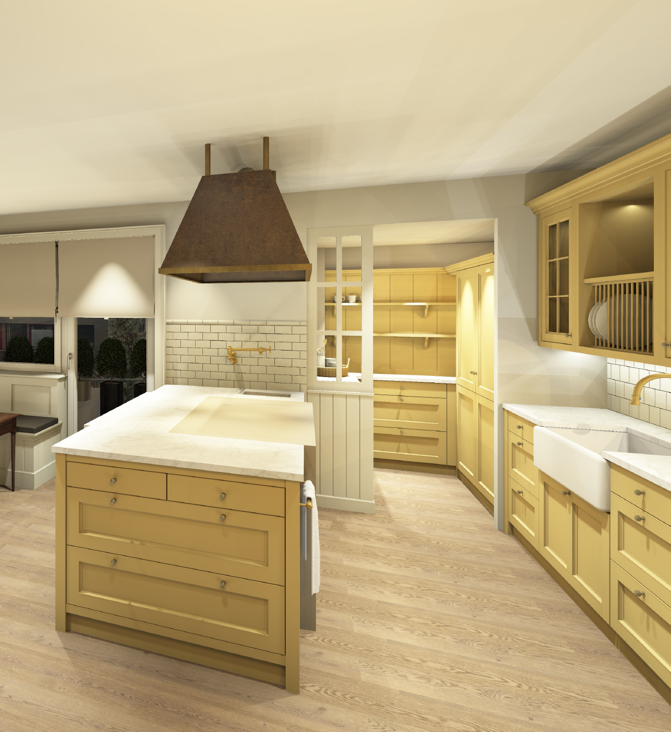 Elegante Landhausküche in warmen Gelbtönen mit großer Kochinsel und Holzfußboden